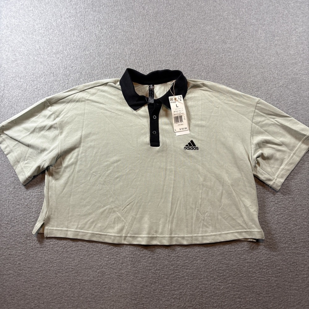 adidas Women's Linen Green Cropped Piqué Polo Shirt Tennis Golf Size L NWT $55